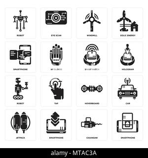 Set Of 16 simple editable icons such as Smartphone, Chainsaw, Jetpack, Car, Robot, Smartwatch can be used for mobile, web UI Stock Vector