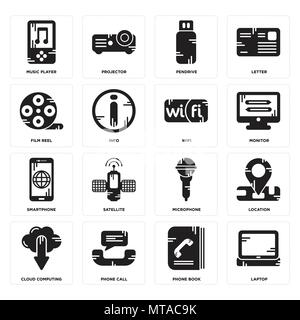Set Of 16 simple editable icons such as Laptop, Phone book, call, Cloud computing, Location, Music player, Film reel, Smartphone, Wifi can be used for Stock Vector
