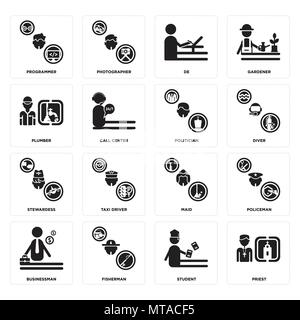 Set Of 16 simple editable icons such as Priest, Student, Fisherman, Businessman, Policeman, Programmer, Plumber, Stewardess, Politician can be used fo Stock Vector