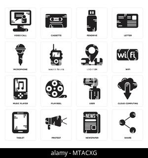 Set Of 16 simple editable icons such as Share, Newspaper, Protest, Tablet, Cloud computing, Video call, Microphone, Music player, Location can be used Stock Vector