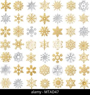 Collection of vector snowflakes, gray and golden snowflakes on a white background Stock Vector