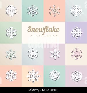 Vector illustration of snowflakes on colored squares. Line icons Stock Vector