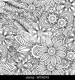 Hand drawn seamless pattern with leaves and flowers. Doodles floral ornament. Black and white decorative elements. Perfect for wallpaper, adult coloring books, web page background, surface textures. Stock Vector