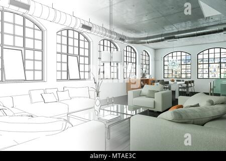 Interior Design Modern Loft Drawing Gradation Into Photograph Stock Photo