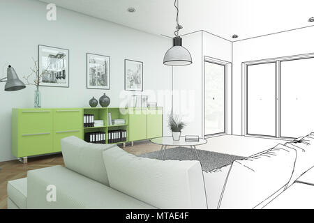 Interior Design Modern Loft Drawing Gradation Into Photograph Stock Photo
