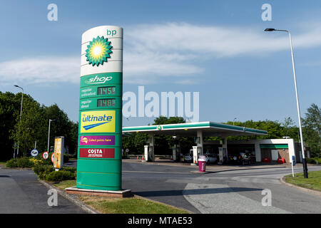 A BP petrol station displaying high petrol prices in the United Kingdom. BP gas station, BP garage. Stock Photo