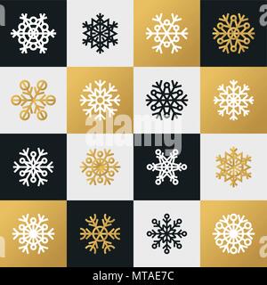 Set of square black and white snowflake icons isolated on white, black and golden background. Design elements for your Christmas design. Stock Vector