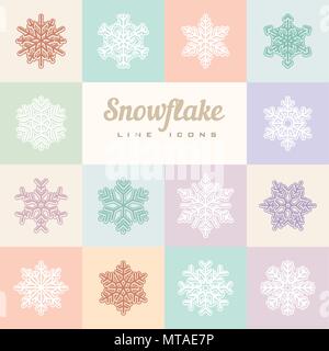 Vector illustration of snowflakes on colored squares. Line icons Stock Vector