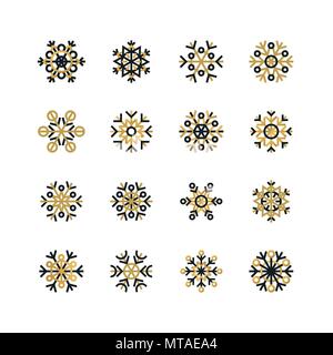 Set of black and golden snowflakes on white background. New Year and Christmas holidays design elements Stock Vector