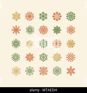 Colorful snowflakes collection isolated on beige background. Flat snow icons, snow flakes silhouette. Element for christmas banner, cards Stock Vector