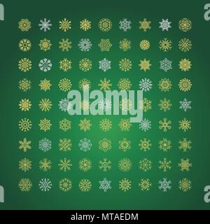 Colorful snowflakes collection isolated on green background. Flat snow icons, snow flakes silhouette. Element for christmas banner, cards Stock Vector