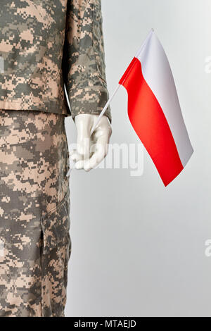 Mannequin in army uniform with poland flag. White isolated background. Stock Photo