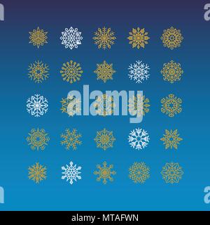 Colorful snowflakes collection isolated on blue background. Flat snow icons, snow flakes silhouette. Element for christmas banner, cards Stock Vector