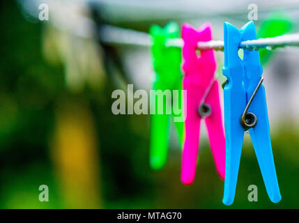 Row of plastic cloths pegs on the cloths line. Stock Photo