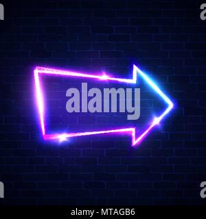 Realistic neon arrow sign hanging on brick wall. Electric light glowing signage for night club bar. Illuminated retro pointer with neon led lamp. Advertising vintage frame. Bright vector illustration. Stock Vector