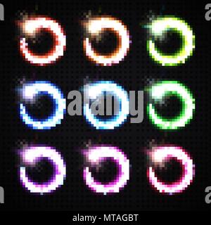 Magic light frame set. Colorful glowing round comet collection with particles on transparent background. Abstract circles pack with lens flare effect and bokeh flash. Bright vector vortex illustration Stock Vector