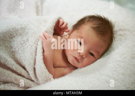 Infant baby portrait. Newborn awake calm looking Stock Photo
