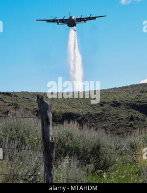 A C130h aircraft loaded with the MAFFS (Modular Airborne Fire Fighting System) from the 152nd Airlift Wing of Reno, Nevada drops a water line while training to contain wildfires just outside Bosie, Idaho. April 21, 2017. More than 400 personnel of four C-130 Guard and Reserve units — from California, Colorado, Nevada and Wyoming, making up the Air Expeditionary Group — are in Boise, Idaho for the week-long wildfire training and certification sponsored by the U.S. Stock Photo