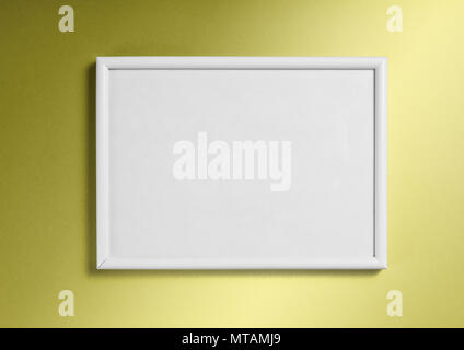 White wooden frame for painting or picture on golden background. Top view Stock Photo
