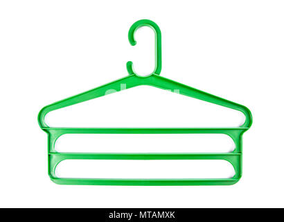 Green plastic hanger for clothes on a white background Stock Photo