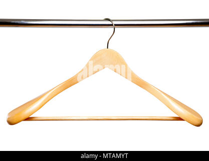 Wooden clothes hanger on metal crossbar isolated over white Stock Photo