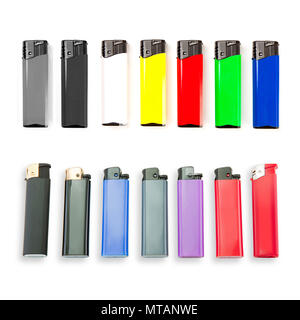 Set of colored lighters on white background Stock Photo