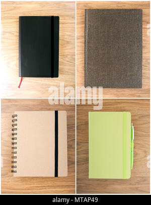 Set closed notebooks on a wooden background Stock Photo