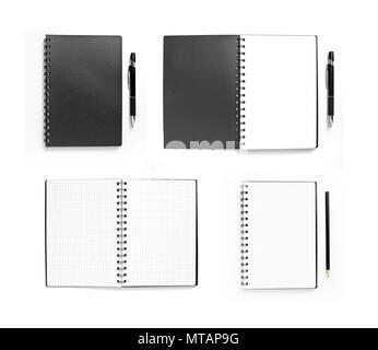 Set of black opened and closed notebooks with pen on white Stock Photo