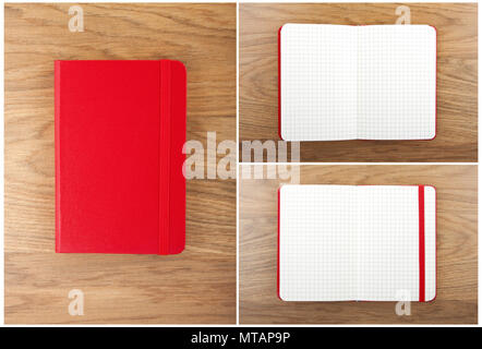 Set of red open and closed notebooks on the table Stock Photo