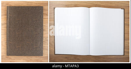 Blank squared notebook sheets on a table. Notebook with hieroglyphics on the cover Stock Photo