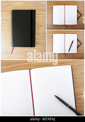 Collection of notebooks. Open blank book with lines, red bookmark, black cover and pen Stock Photo