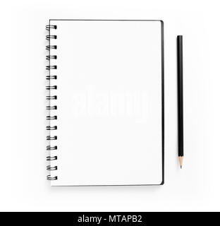 Blank spiral notepad and pencil on white background Stock Photo
