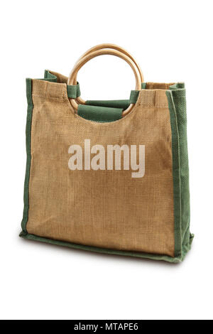 A recycled hessian or jute shopping bag with wooden handles isolated on white Stock Photo