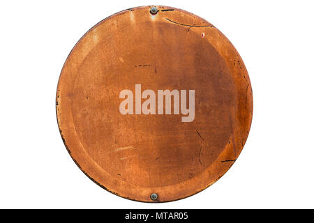 old rusty grunge round shape empty banner isolated on white with clipping path. Stock Photo