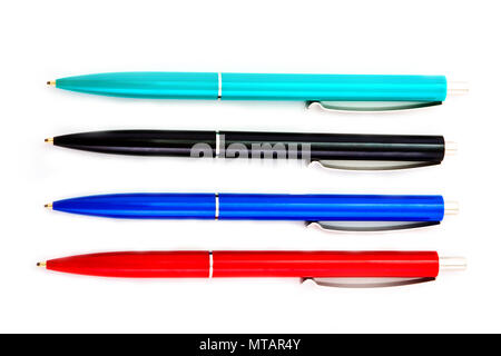 Ballpoint pens of different colors, Set of pens, automatic ball pen, Plastic ballpoint pen, Four colored pens, Ballpoint pens for branding Stock Photo