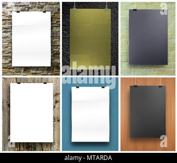 Set of Black and White posters on a rope. Sheet of paper hangs on two binder clips Stock Photo