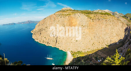 Butterfly valley sea view and boat Oludeniz,Turkey Stock Photo