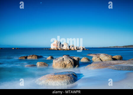 The Bay of Fires is a bay on the northeastern coast of Tasmania in Australia, extending from Binalong Bay to Eddystone Point. Stock Photo