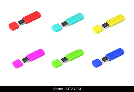 Set of multi colored usb flash drive on white background Stock Photo