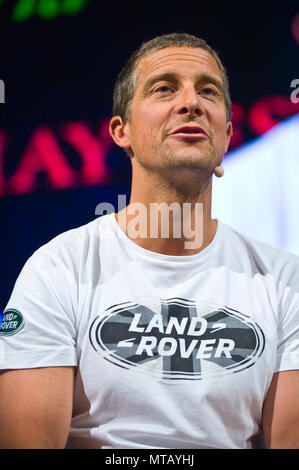 Bear Grylls speaking on stage in the Tata Tent at Hay Festival 2018 Hay-on-Wye Powys Wales UK Stock Photo