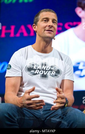 Bear Grylls speaking on stage in the Tata Tent at Hay Festival 2018 Hay-on-Wye Powys Wales UK Stock Photo