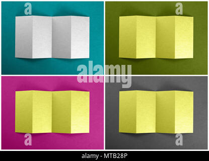 Mockup of opened four fold brochures at colored backgrounds Stock Photo