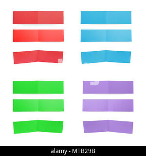 Different point of view of greeting cards on white background. Mockup of blank colored cards for advertising and branding Stock Photo