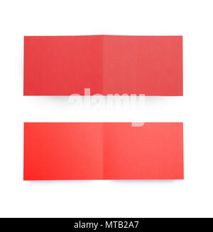 Different point of view of greeting cards on white background. Mockup of blank red cards for advertising and branding Stock Photo