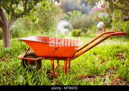 Side view of an orange wheelbarrow in a garden Stock Photo