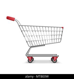 Empty metallic supermarket shopping cart side view isolated on white. Realistic supermarket basket, retail pushcart vector illustration Stock Vector