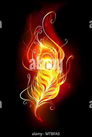 Bright peacock feather made of fire and flame on black background. Stock Vector