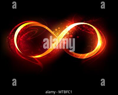 Symbol of infinity made of fire and flame on black background. Stock Vector
