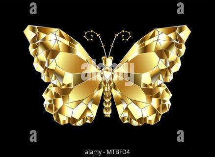 Gold, shiny, polygonal butterfly monarch on black background. Stock Vector