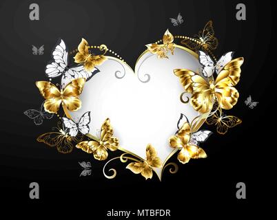 Banner in shape of heart, decorated with gold and white butterflies on black background. Stock Vector